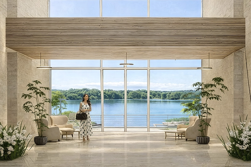 Hall de entrada con vista a la laguna